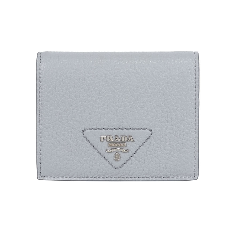 【Prada】縫線三角Logo 牛皮二折零錢袋短夾(矢車菊藍)