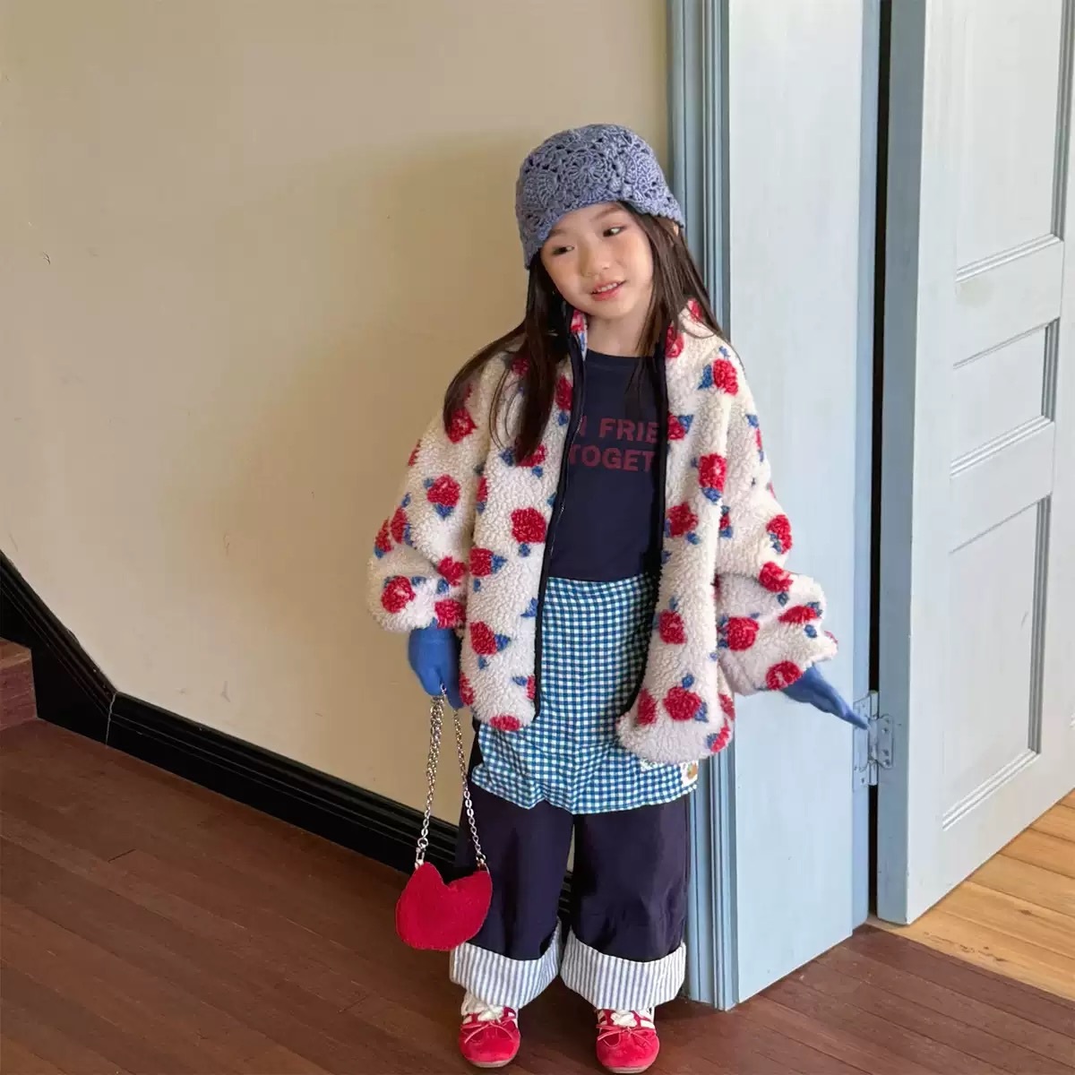 兩色花朵羊羔絨保暖外套