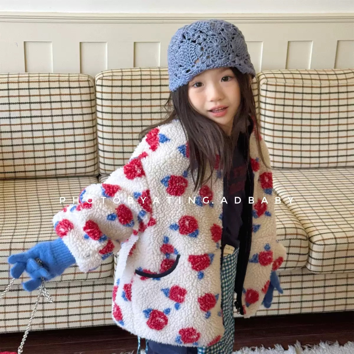 兩色花朵羊羔絨保暖外套