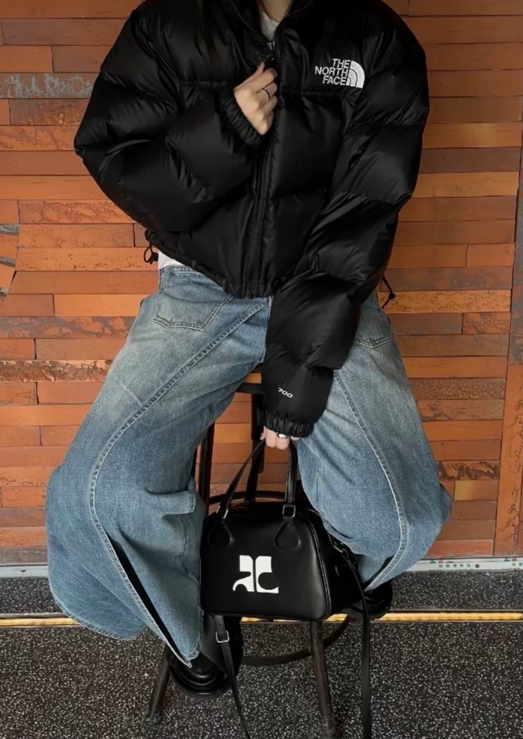 THE NORTH FACE Women’s Short Puffer Jacket – Black Logo Print Stand Collar Zip-Up (NF0A5GGE)