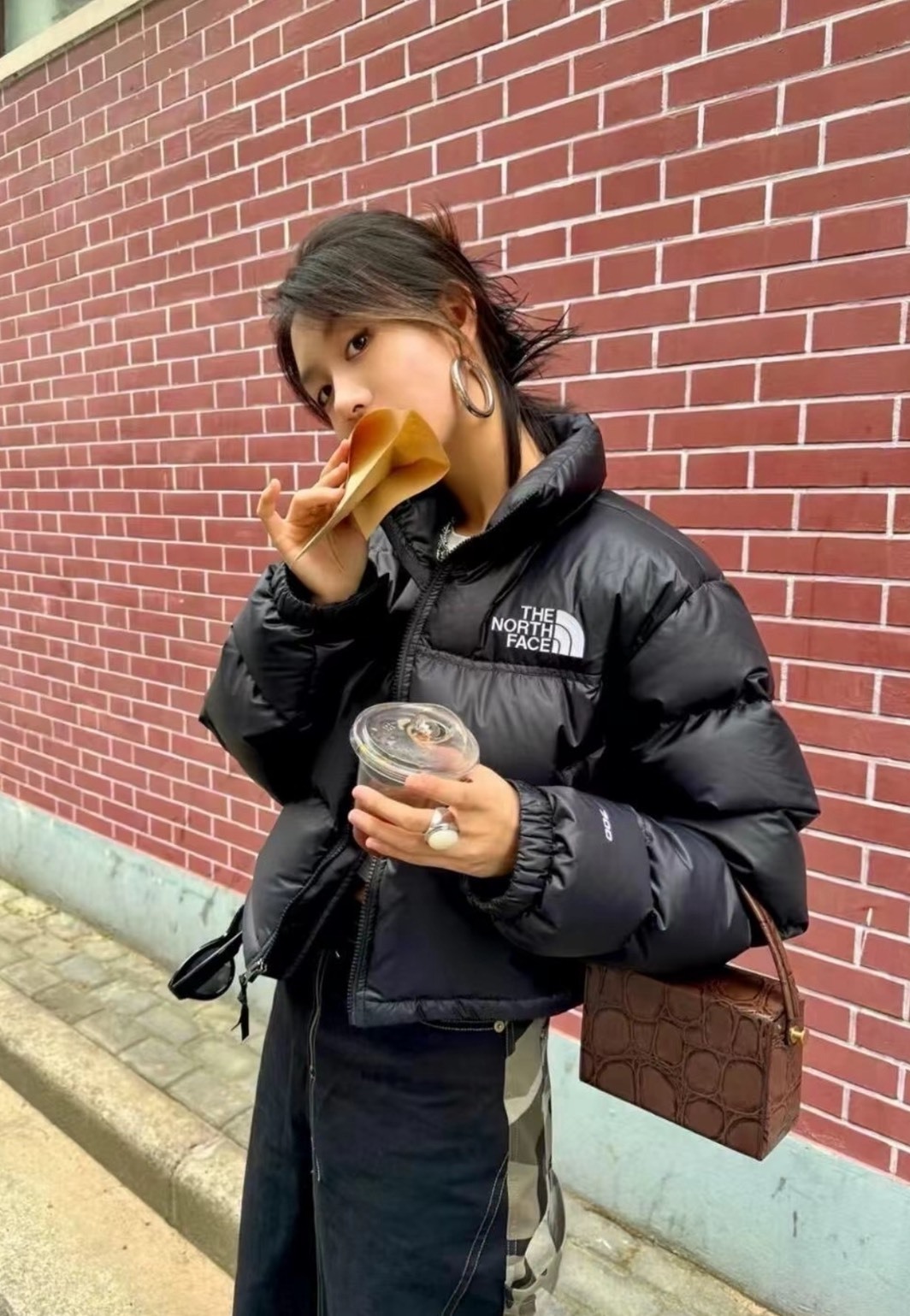 THE NORTH FACE Women’s Short Puffer Jacket – Black Logo Print Stand Collar Zip-Up (NF0A5GGE)