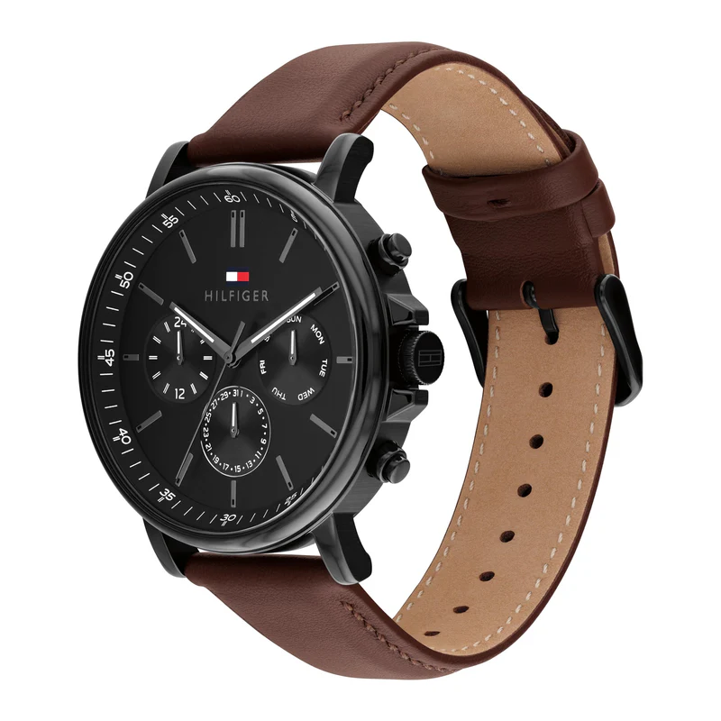 萬年鐘錶 - Tommy Hilfiger  美式休閒石英三眼質感皮革男錶 1710704 錶徑43MM