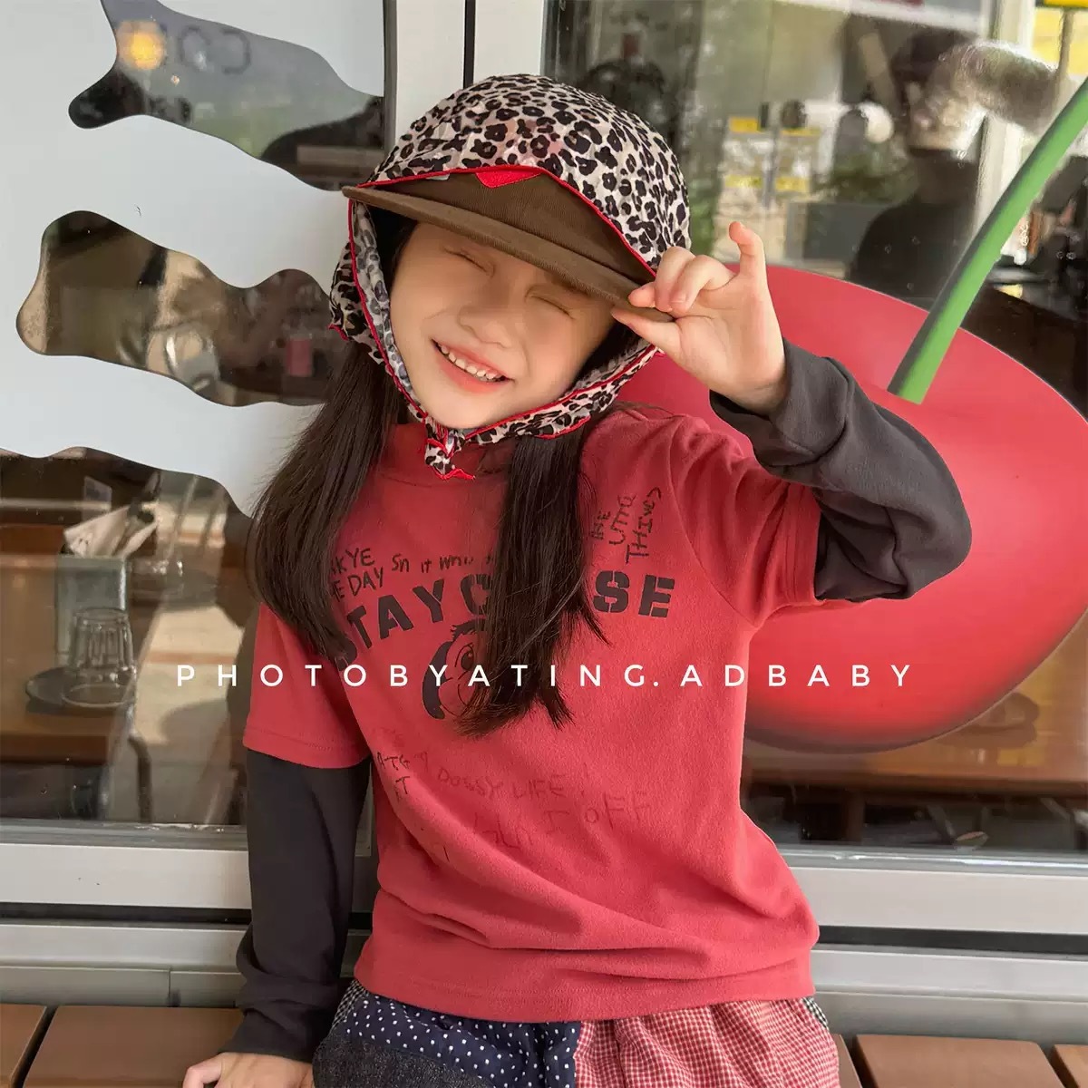 兩色磨毛狗狗假兩件上衣