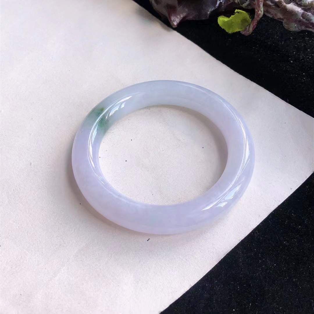 冰糯淡紫底飄綠翡翠圓條手鐲,天然翡翠A玉, 緬甸玉, Jade, Jadeite