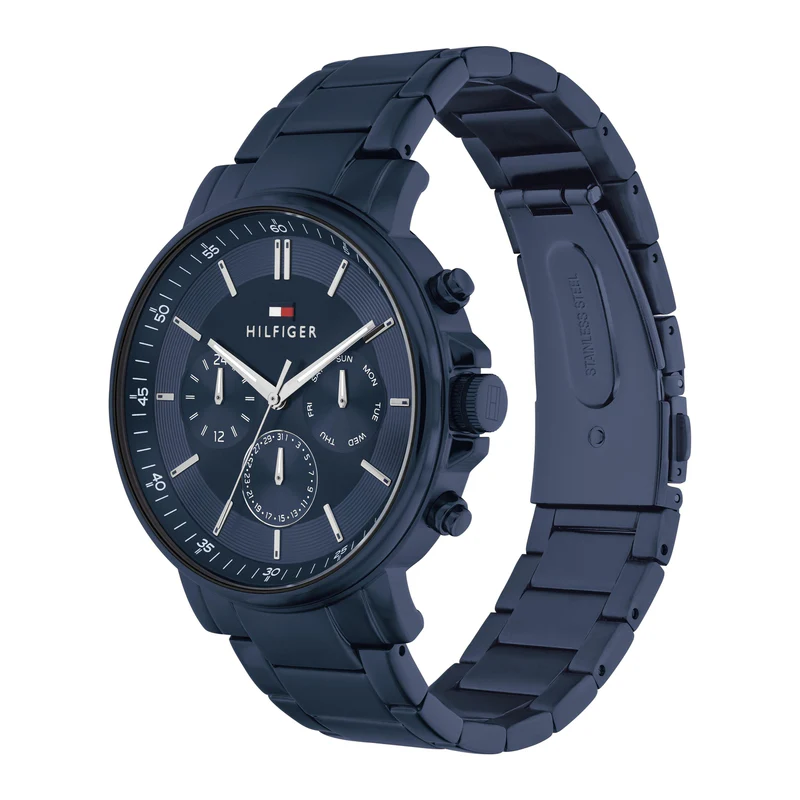 萬年鐘錶 - Tommy Hilfiger  休閒藍鋼三眼不鏽鋼錶帶男錶  1710705  錶徑43MM