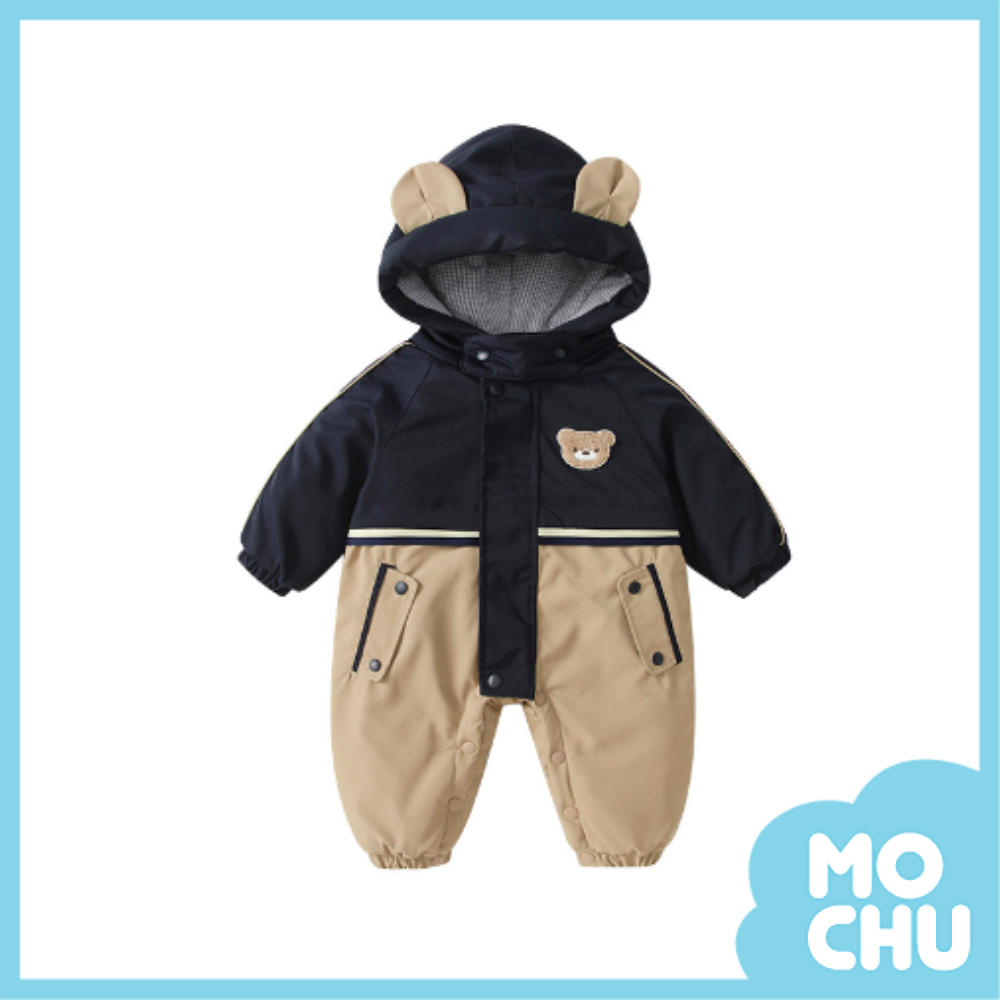 小熊徽章拼色夾棉加厚衝鋒連身衣