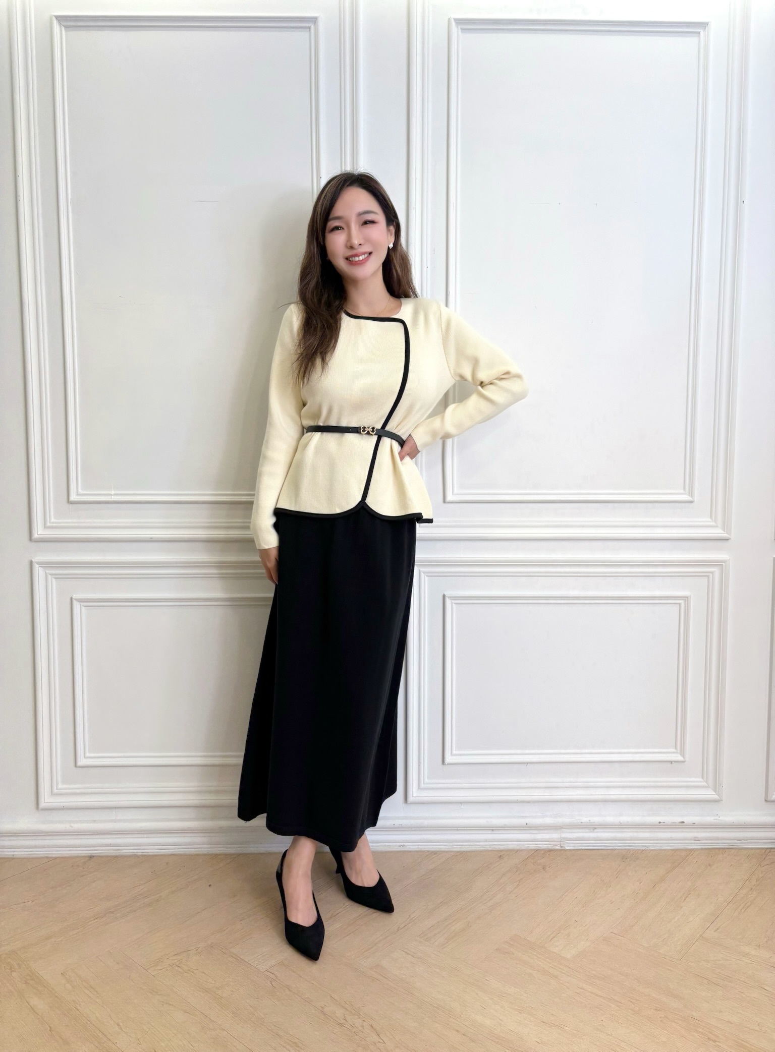 滾邊針織腰帶長裙SET