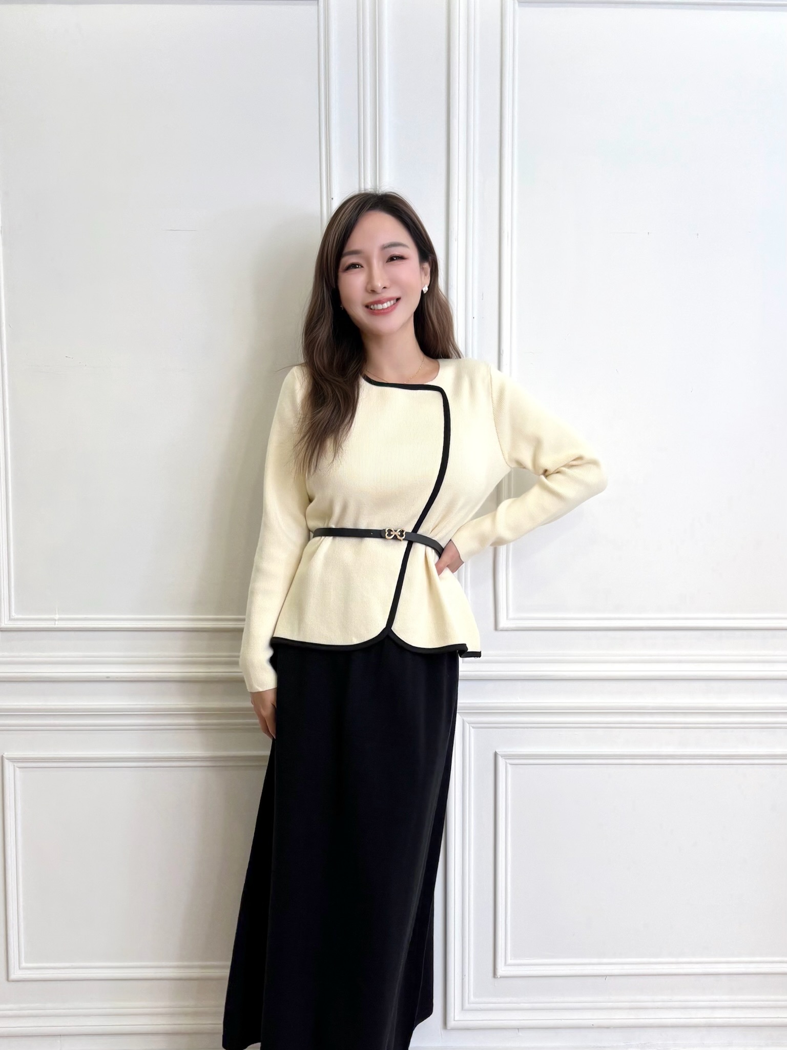 滾邊針織腰帶長裙SET