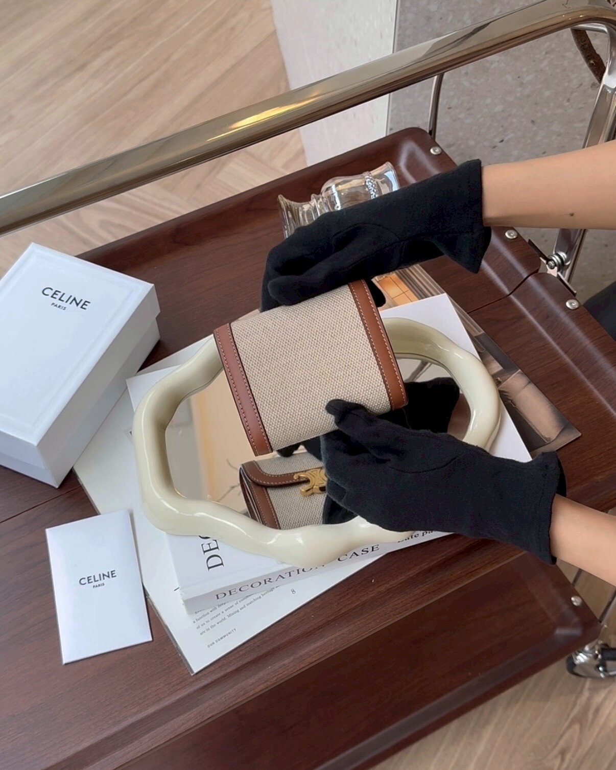 CELINE｜凱旋門三折短夾 帆布焦糖拼色