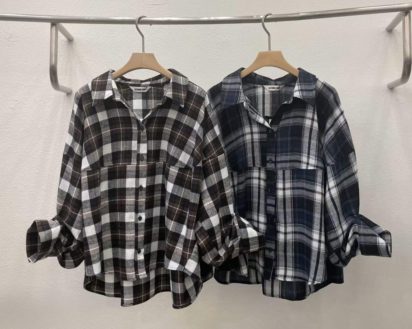 LA5101 前短後長英倫格紋排扣恤衫