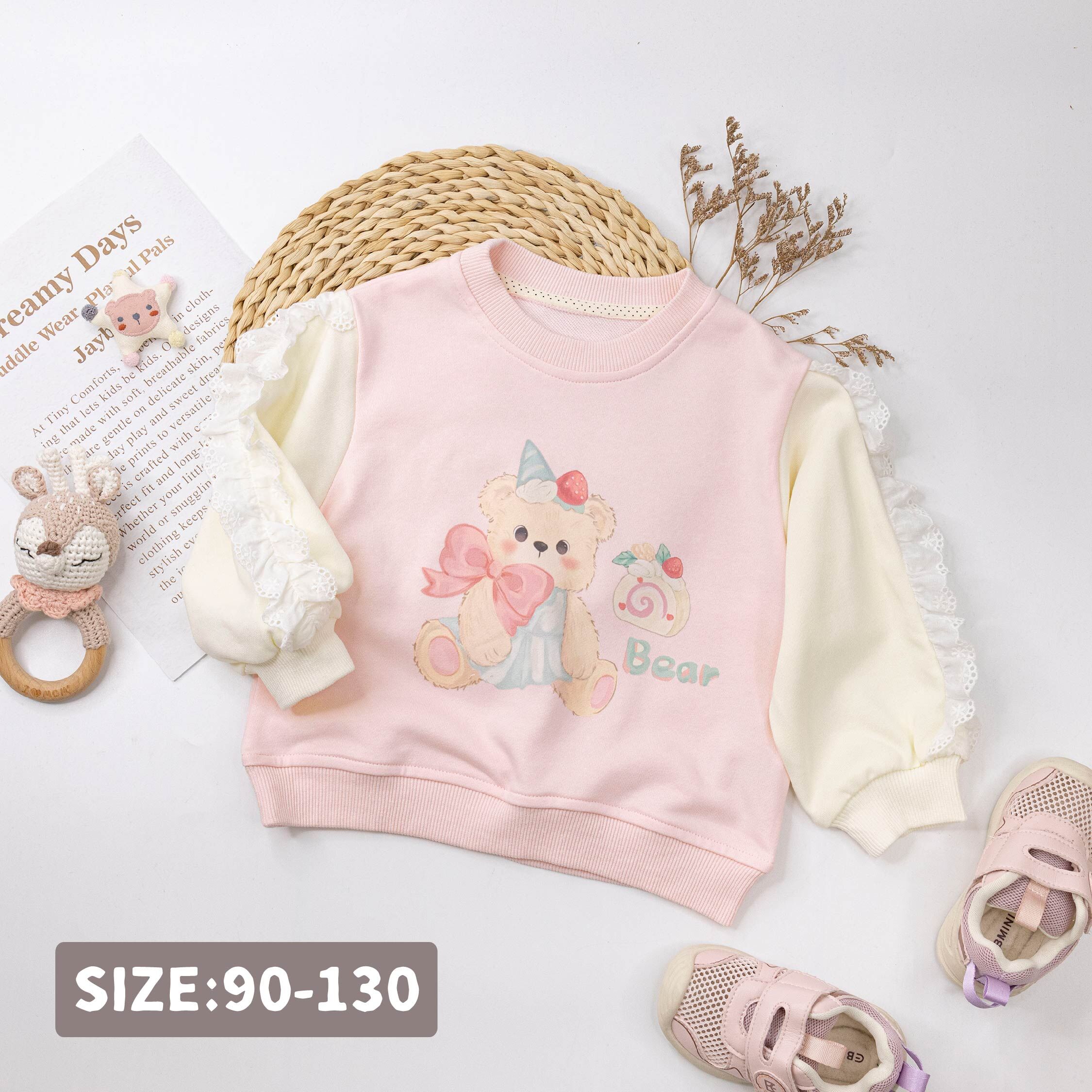 【H55054】粉嫩甜點小熊撞色拼接上衣