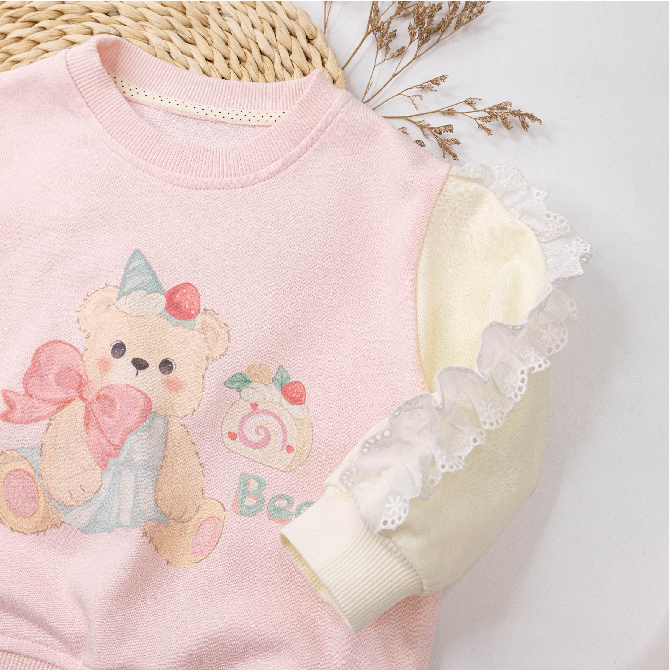 【H55054】粉嫩甜點小熊撞色拼接上衣