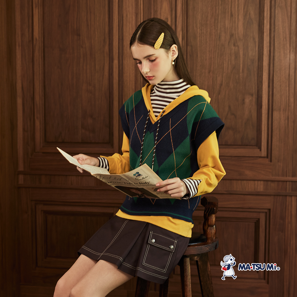 MA‧TSU Mi 簡約撞色車線口袋造型A字短裙(深藍.咖)