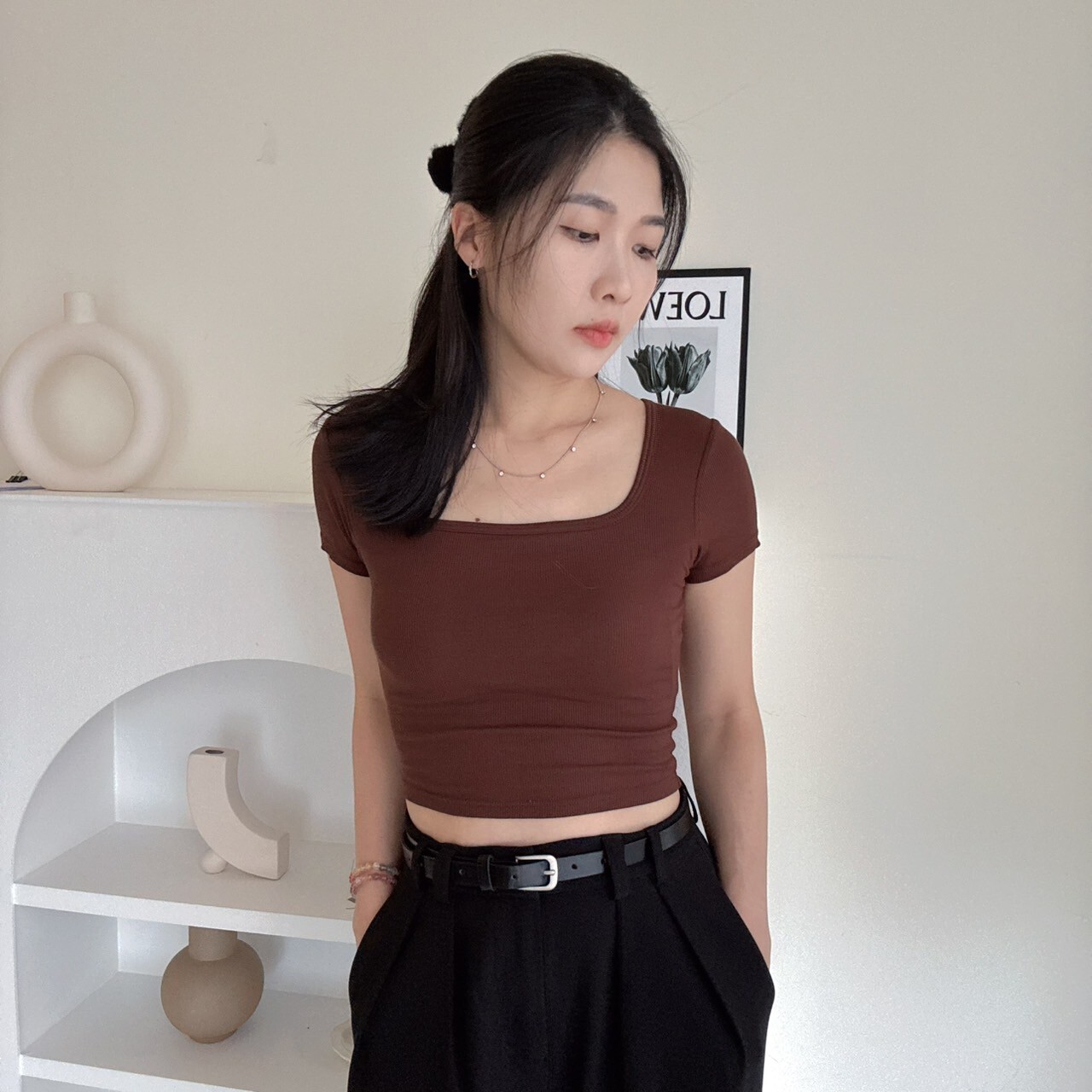 彈性方領短版短袖bra T（現貨）