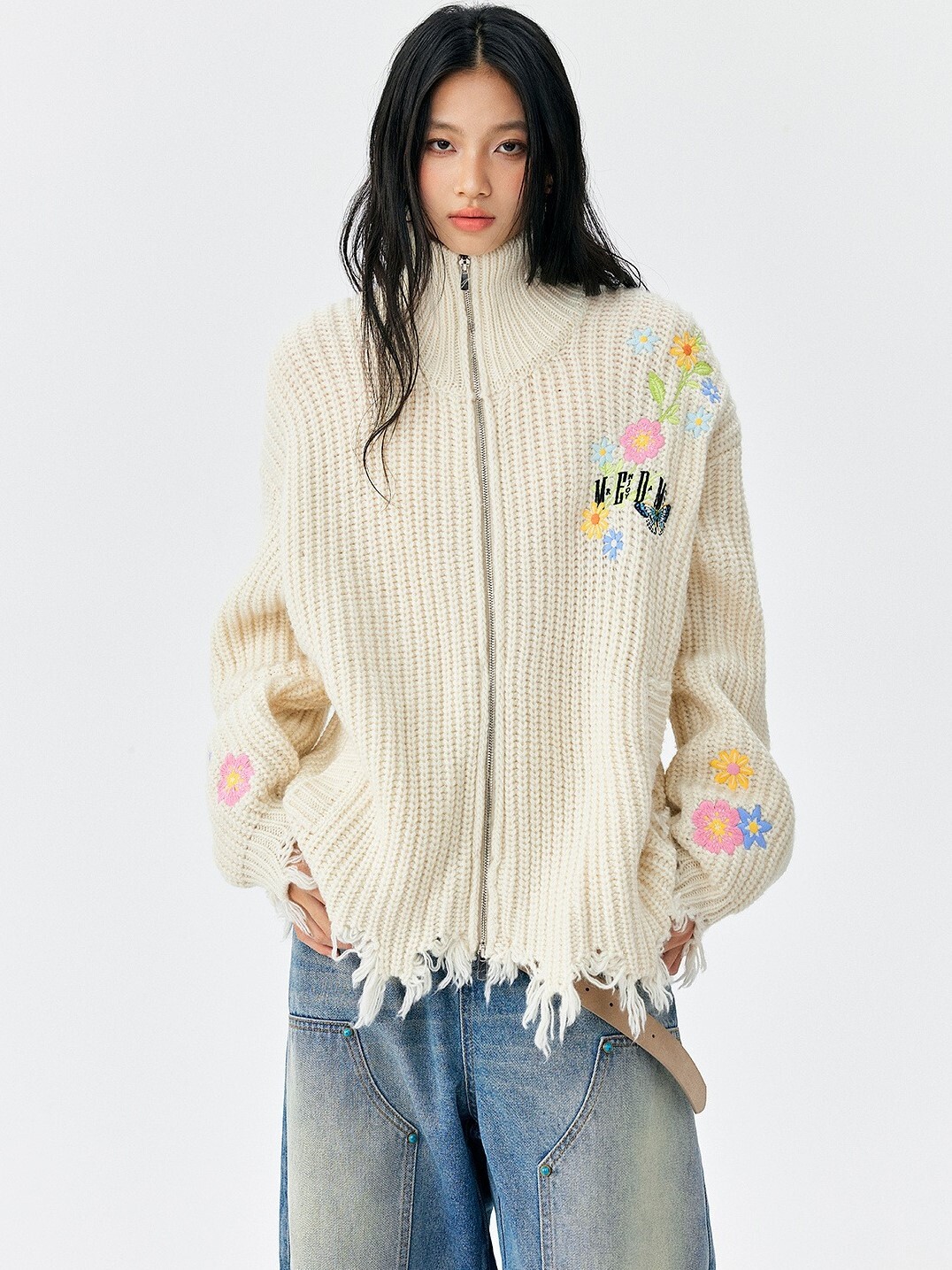 MEDM 花朵刺繡 破壞感下擺袖口 高領 針織拉鍊外套