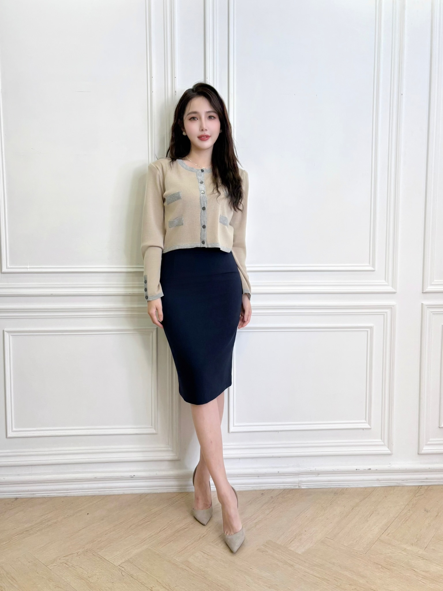 撞色滾邊雙縫片針織開襟衫