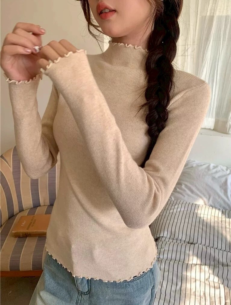 立領捲邊素色針織打底衣