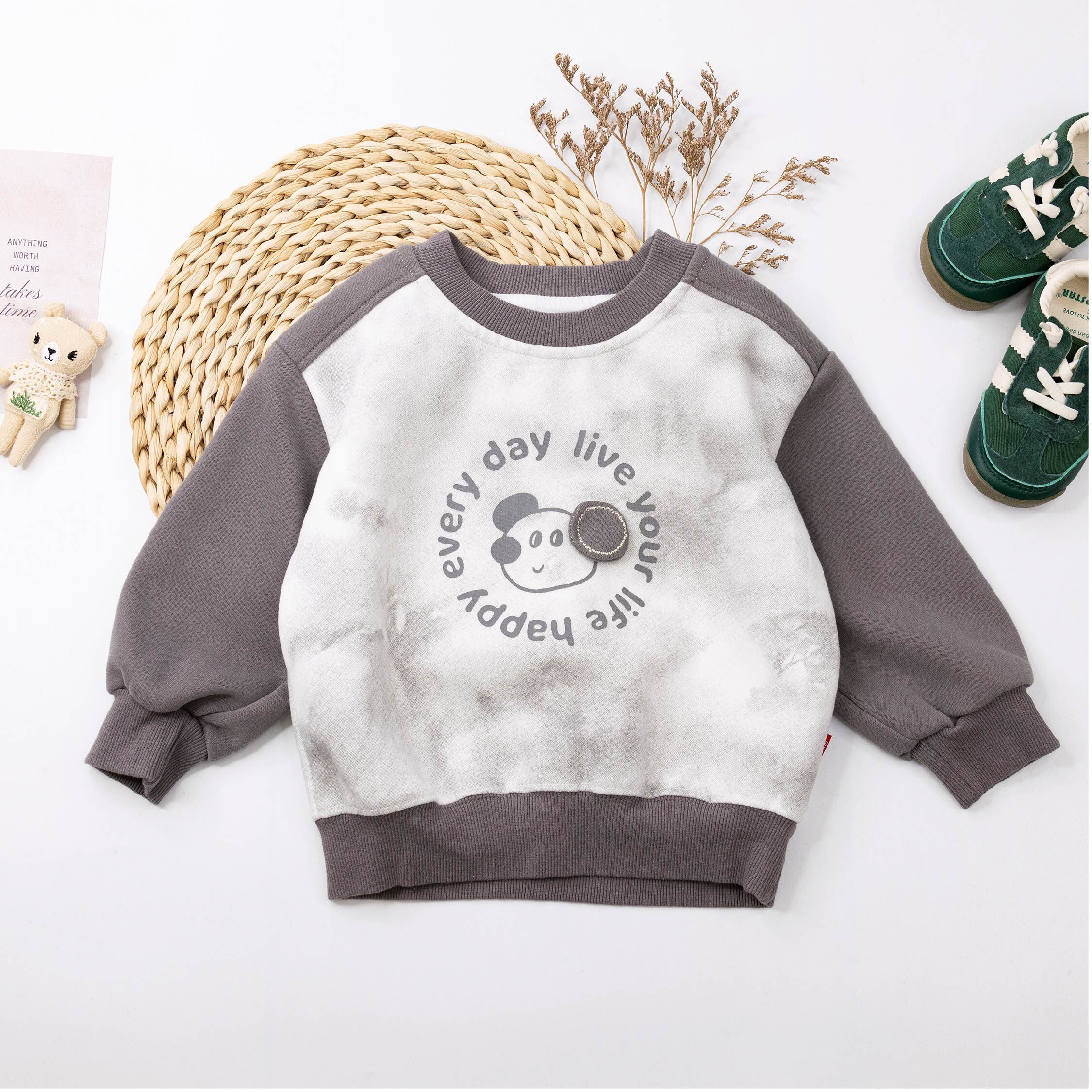 【H55137】可愛圓圓無尾熊撞袖拼接上衣