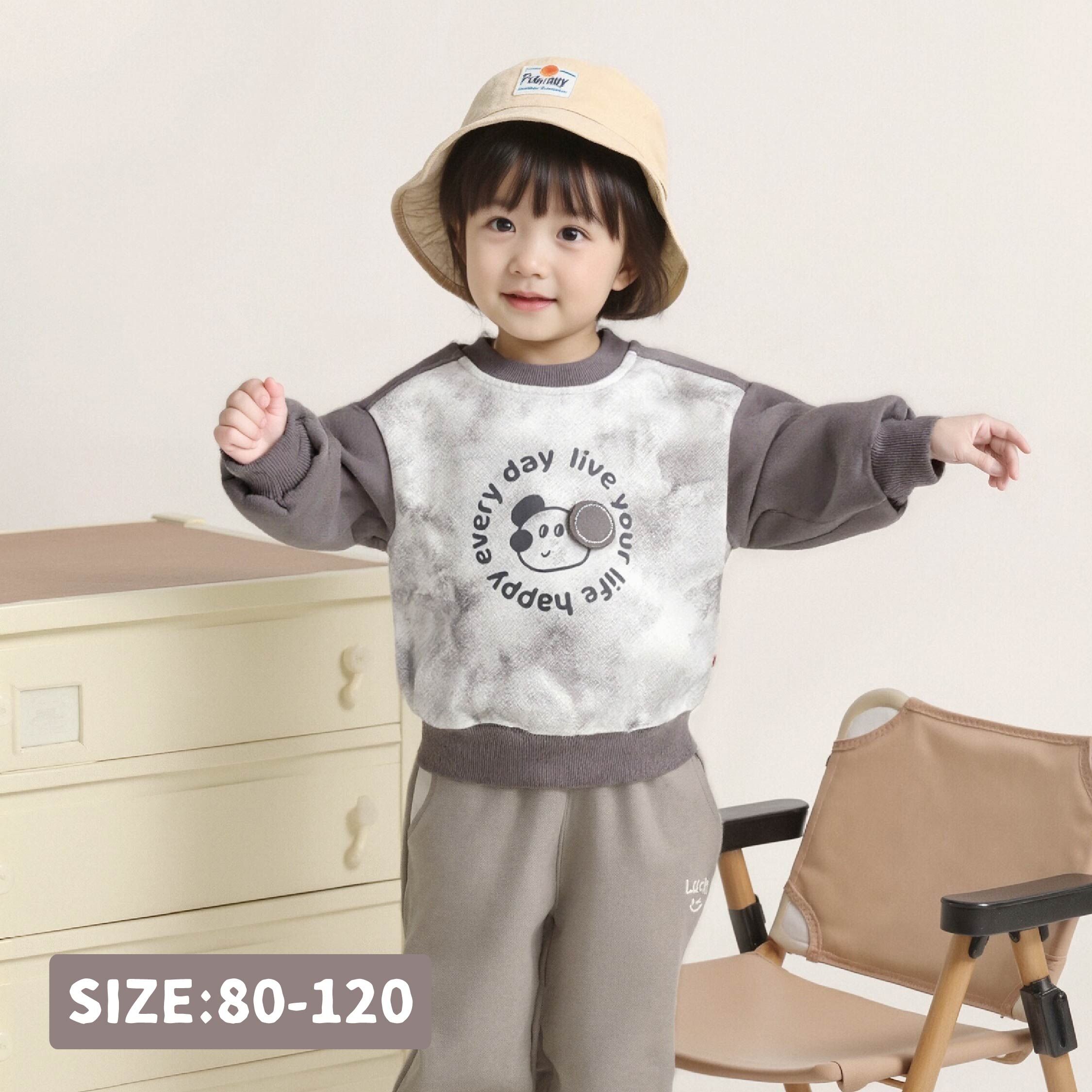 【H55137】可愛圓圓無尾熊撞袖拼接上衣