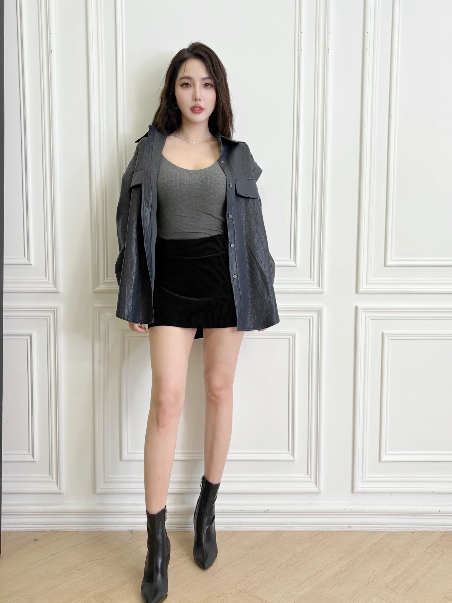 時髦揉皺感綁帶皮襯衫