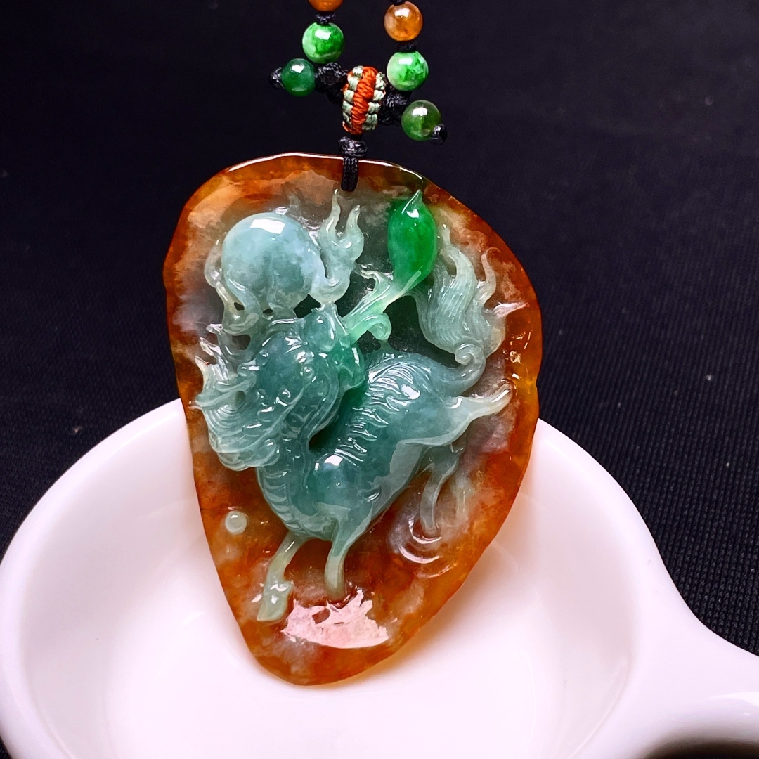 翡翠麒麟牌吊墜,天然翡翠A玉, 緬甸玉, Jade, Jadeite