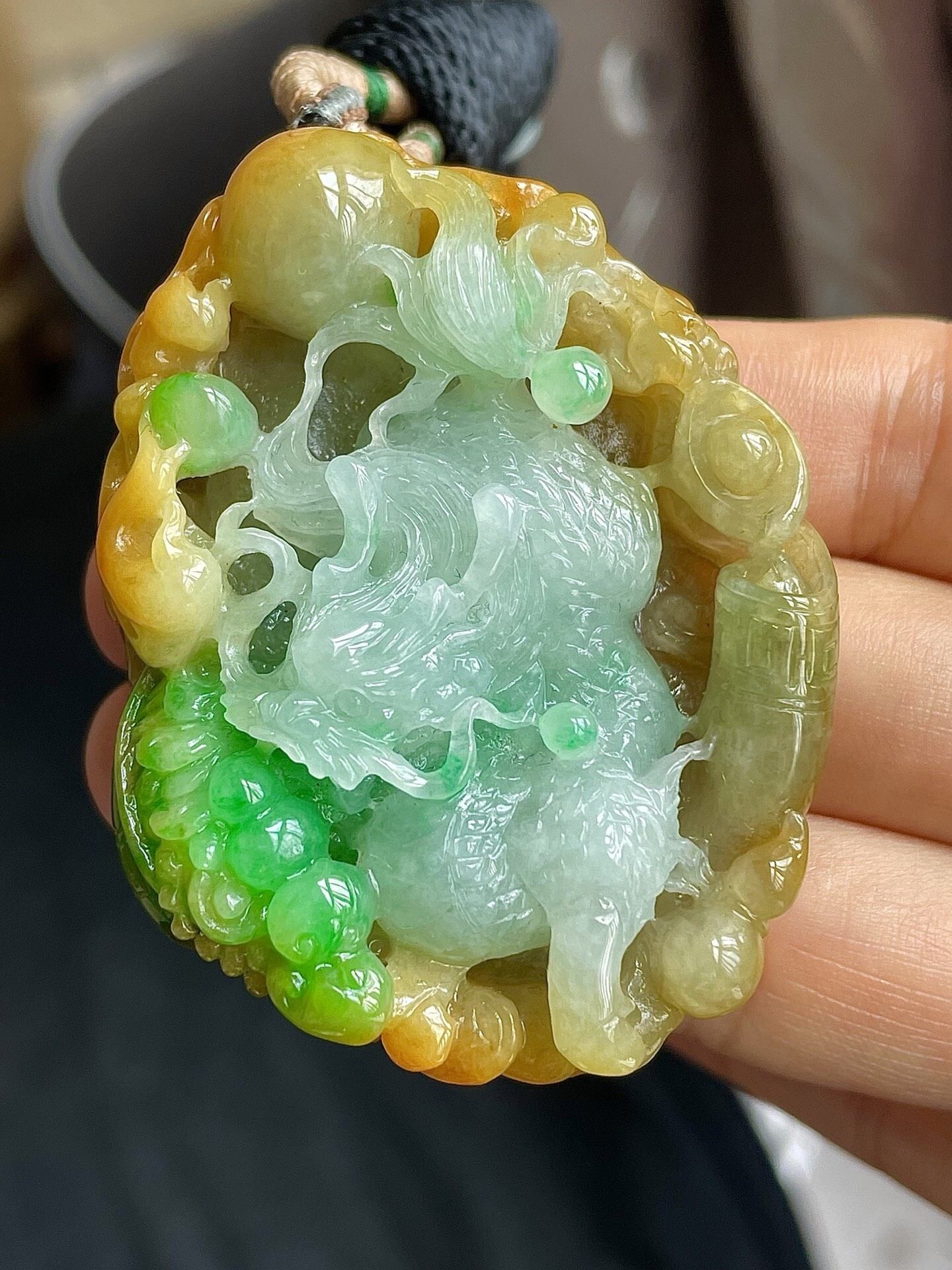 翡翠冰黃加綠麒麟進寶吊墜,天然翡翠A玉, 緬甸玉, Jade, Jadeite