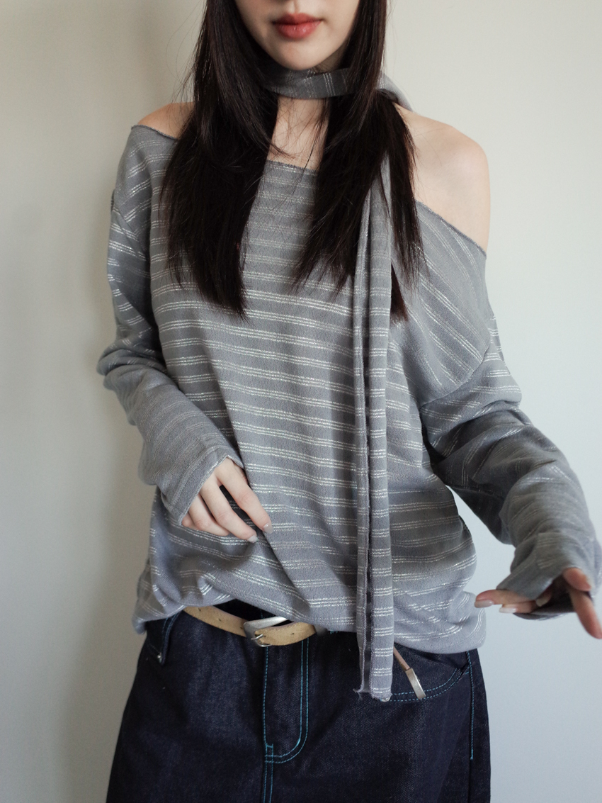 silver-stripe wide-neck top with neck scarf