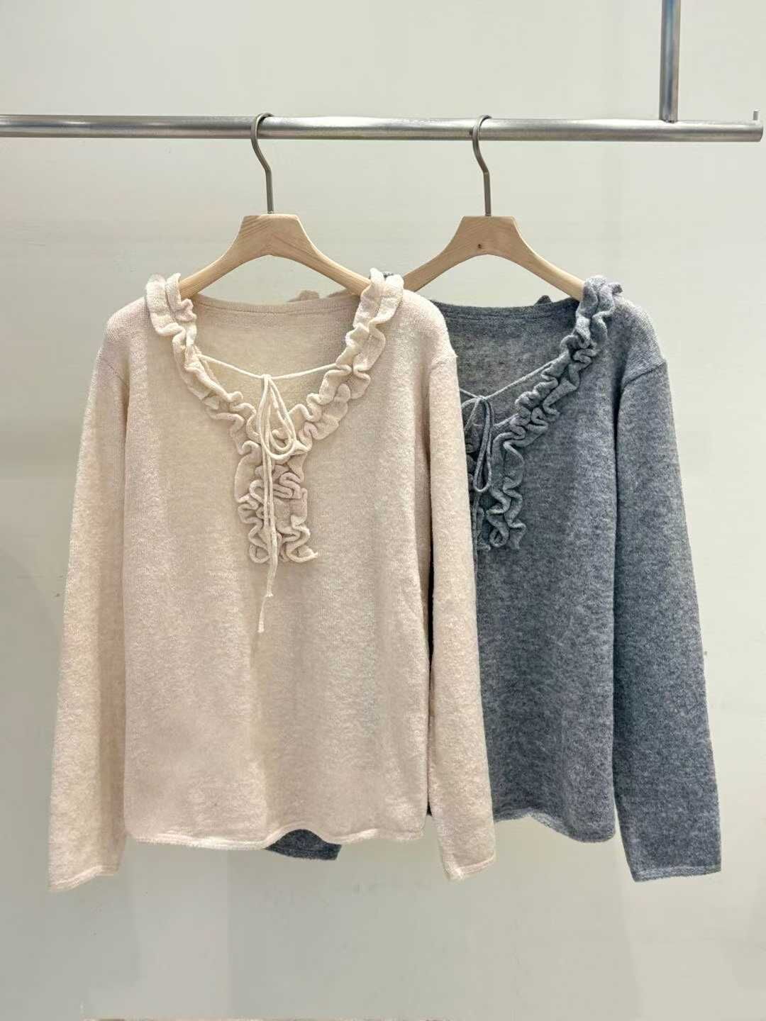 BR5104 抓皺捲捲領蝴蝶綁帶長袖上衣