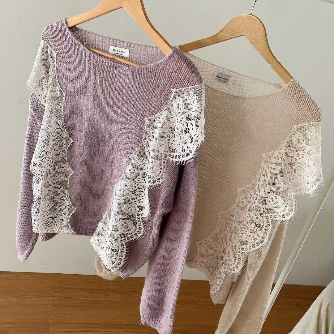 BR5105 鏤空側拼接蕾絲針織上衣