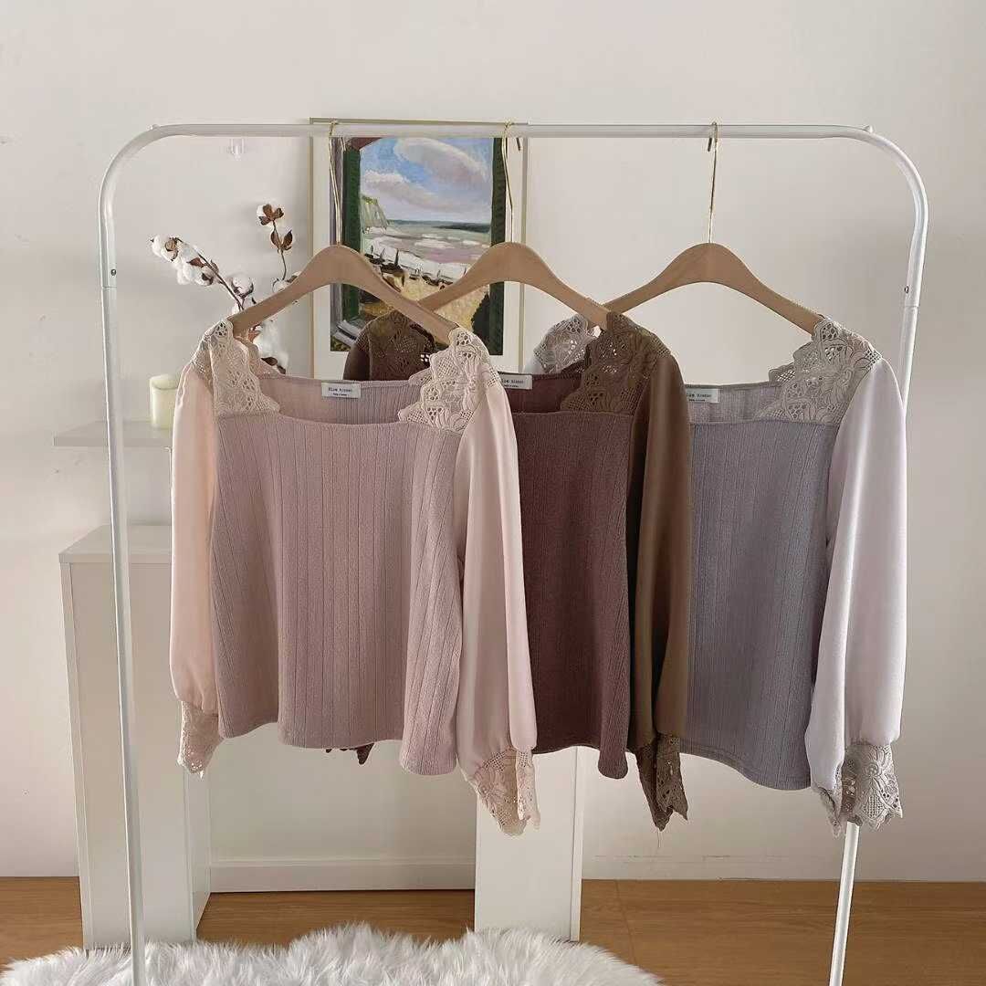 BR5106 肩位拼蕾絲方領公主袖上衣