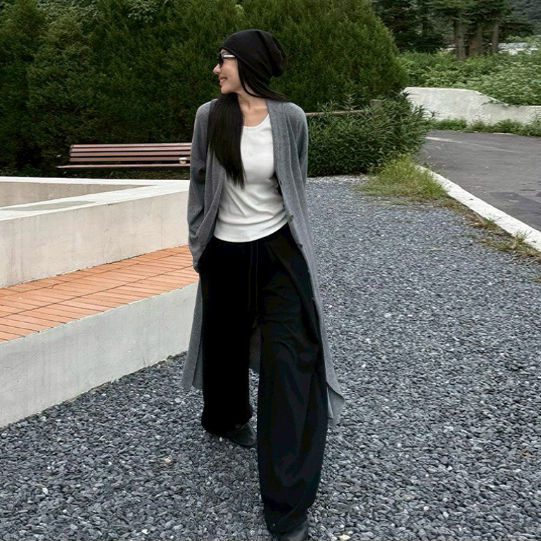 經典黑俐落感綁帶造型落地寬褲-S-L (Elegant & Love)