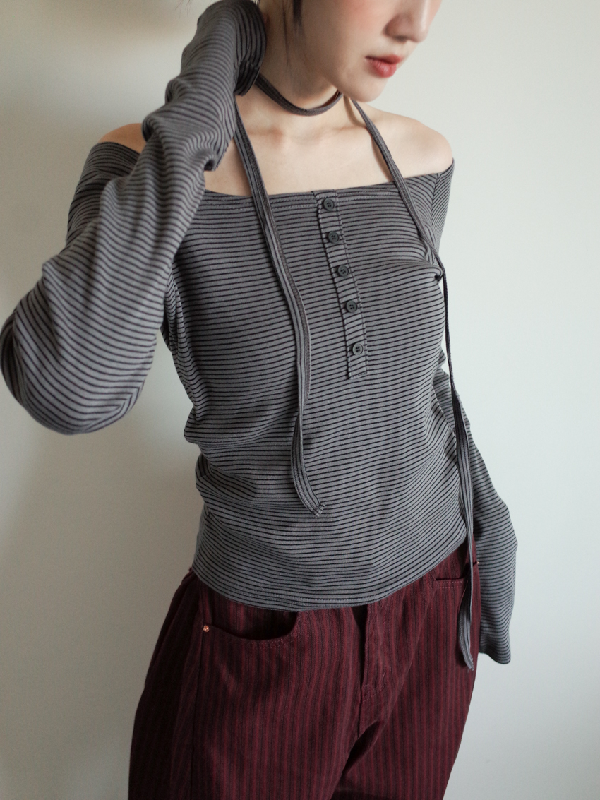 striped wide-neck button top with neck scarf