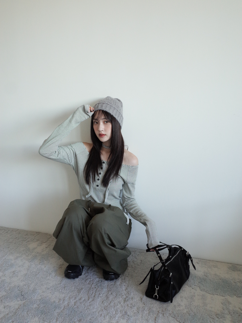 striped wide-neck button top with neck scarf