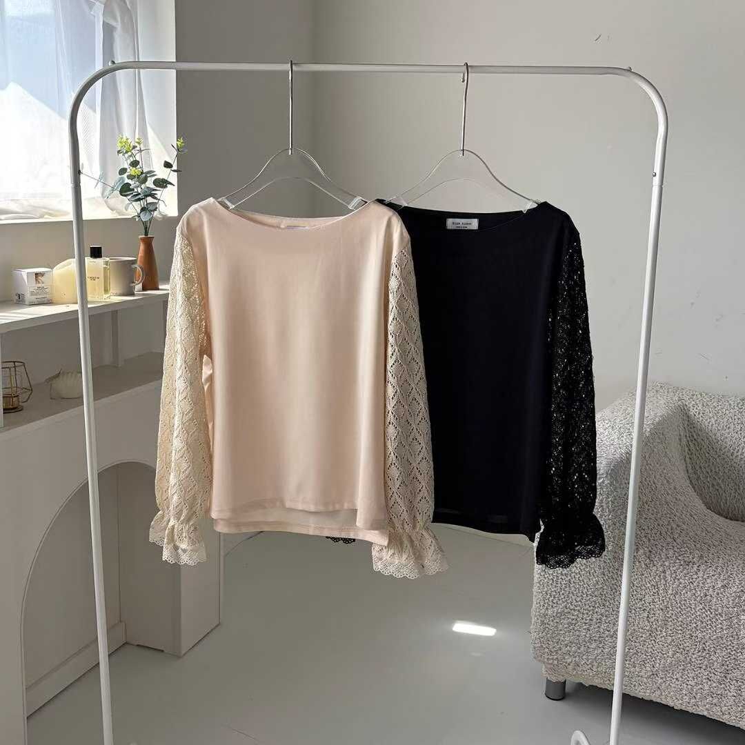 BR5108 異材質拼接鏤空公主袖上衣