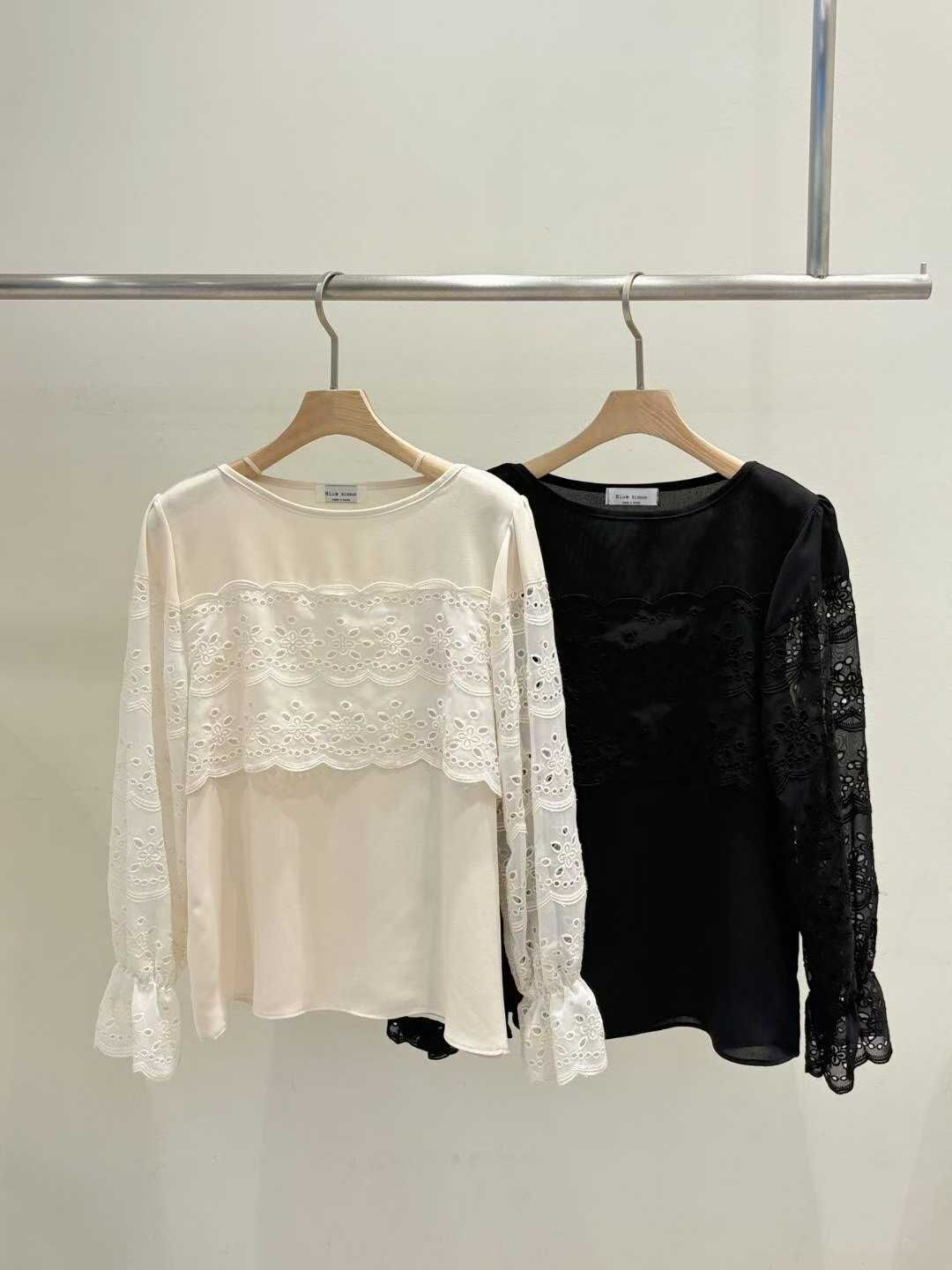 BR5110 異材質拼接復古鏤空長袖上衣