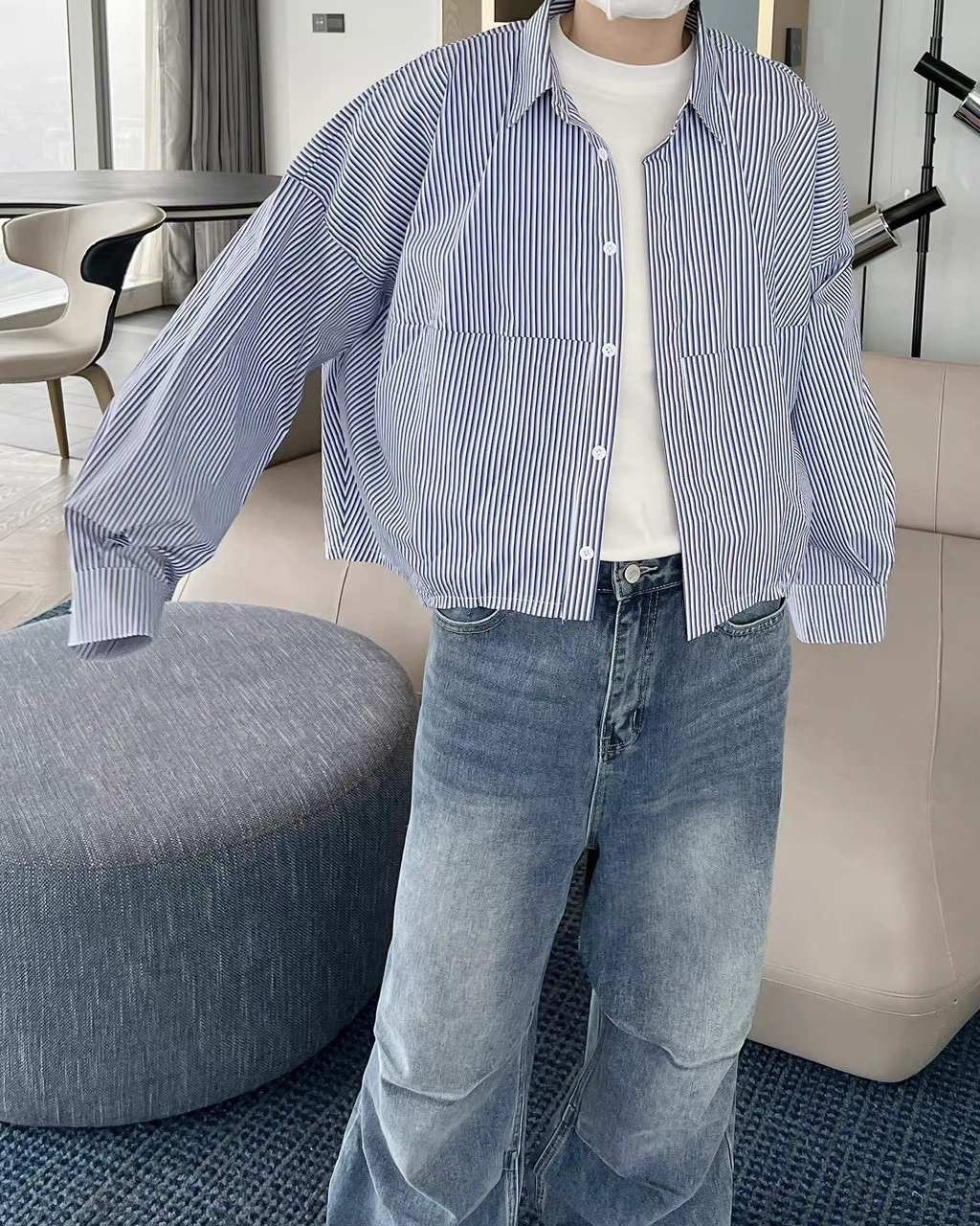 #99045 韓國寬短版條紋襯衫