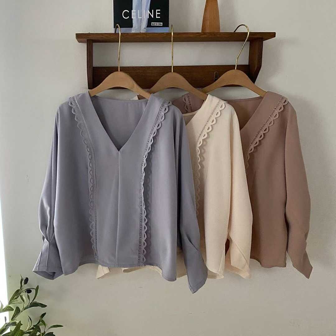 BR5112 V領明線抓皺手袖長袖上衣