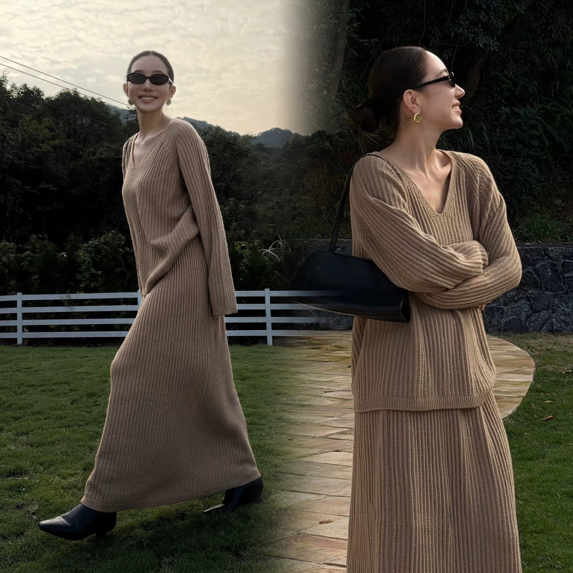 溫柔奶茶杏螺紋V領上衣+長裙SET-S-L (Elegant & Love)