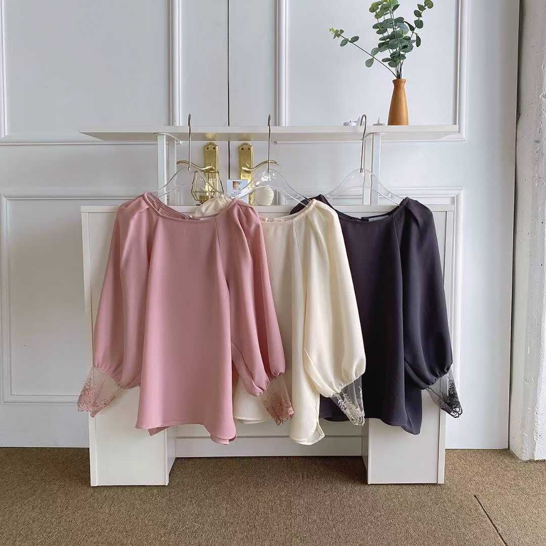 BR5118 圓領泡泡公主蕾絲袖上衣