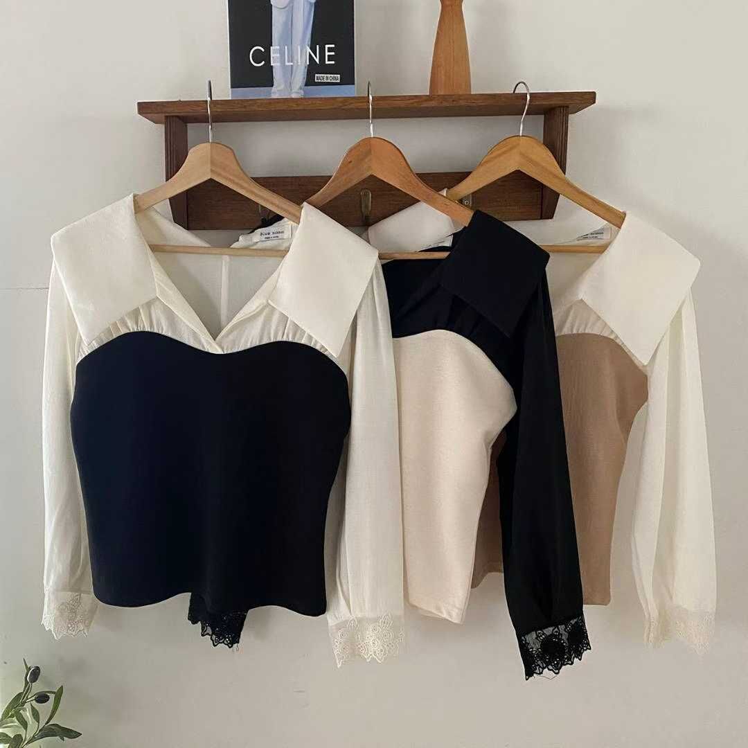 BR5119 撞色皺皺翻領蕾絲袖上衣