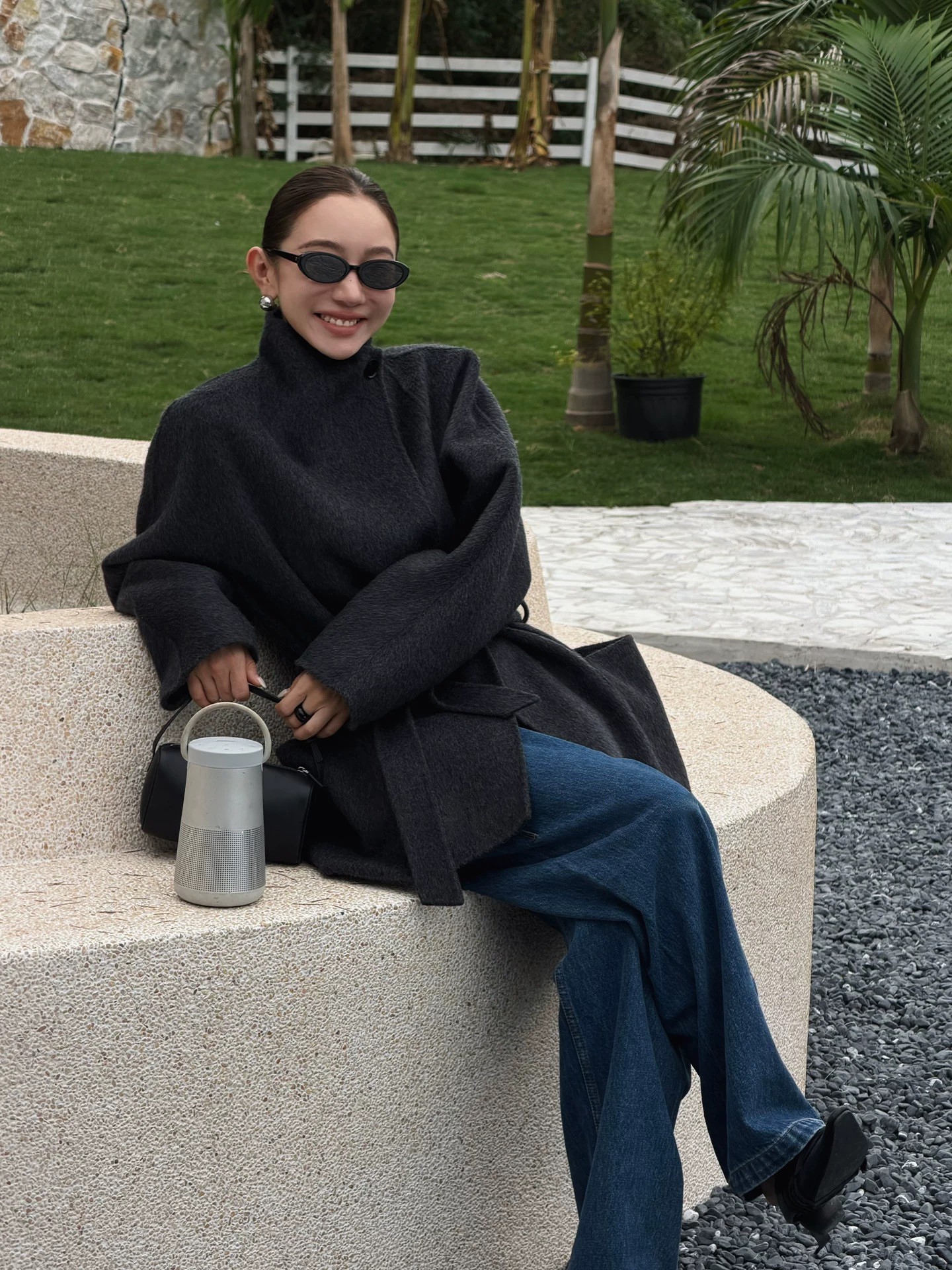 墨灰附綁帶立領羊毛短大衣外套-S-L (Elegant & Love)