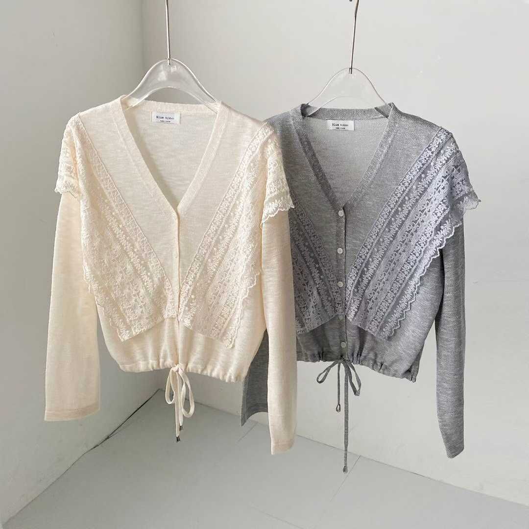 BR5128 束腰繩V領棉質拼蕾絲上衣