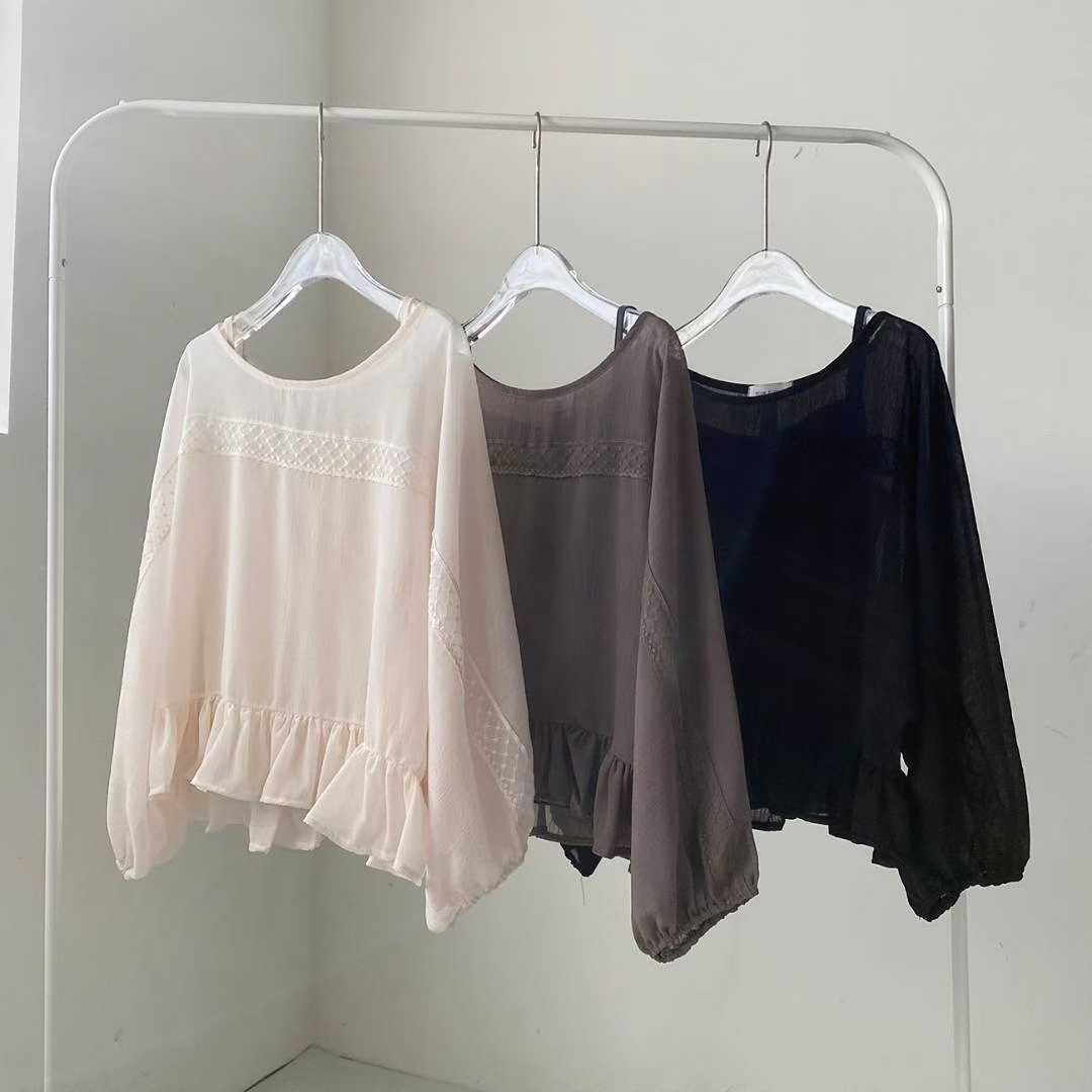 BR5129 木耳下擺假兩件肩帶長袖上衣