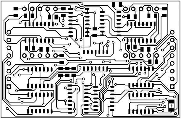 工業電子丙級,音樂盒套件包,觸控子電路板反面(Bottom)佈線圖(左右相反)