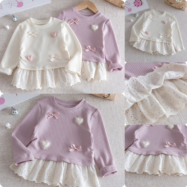 兒童假兩件直條紋拼接蕾絲上衣-2502541