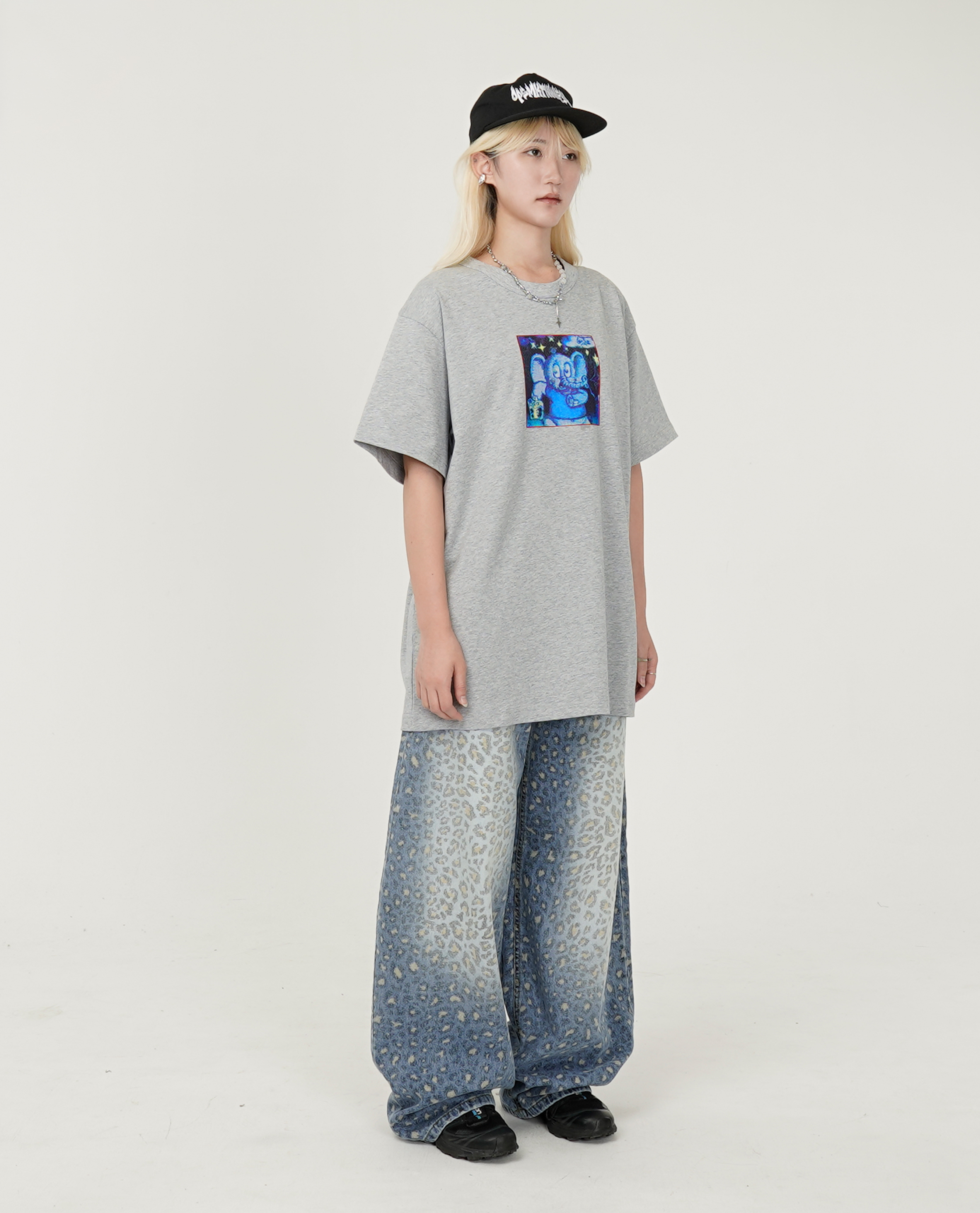 豹紋水洗藍牛仔