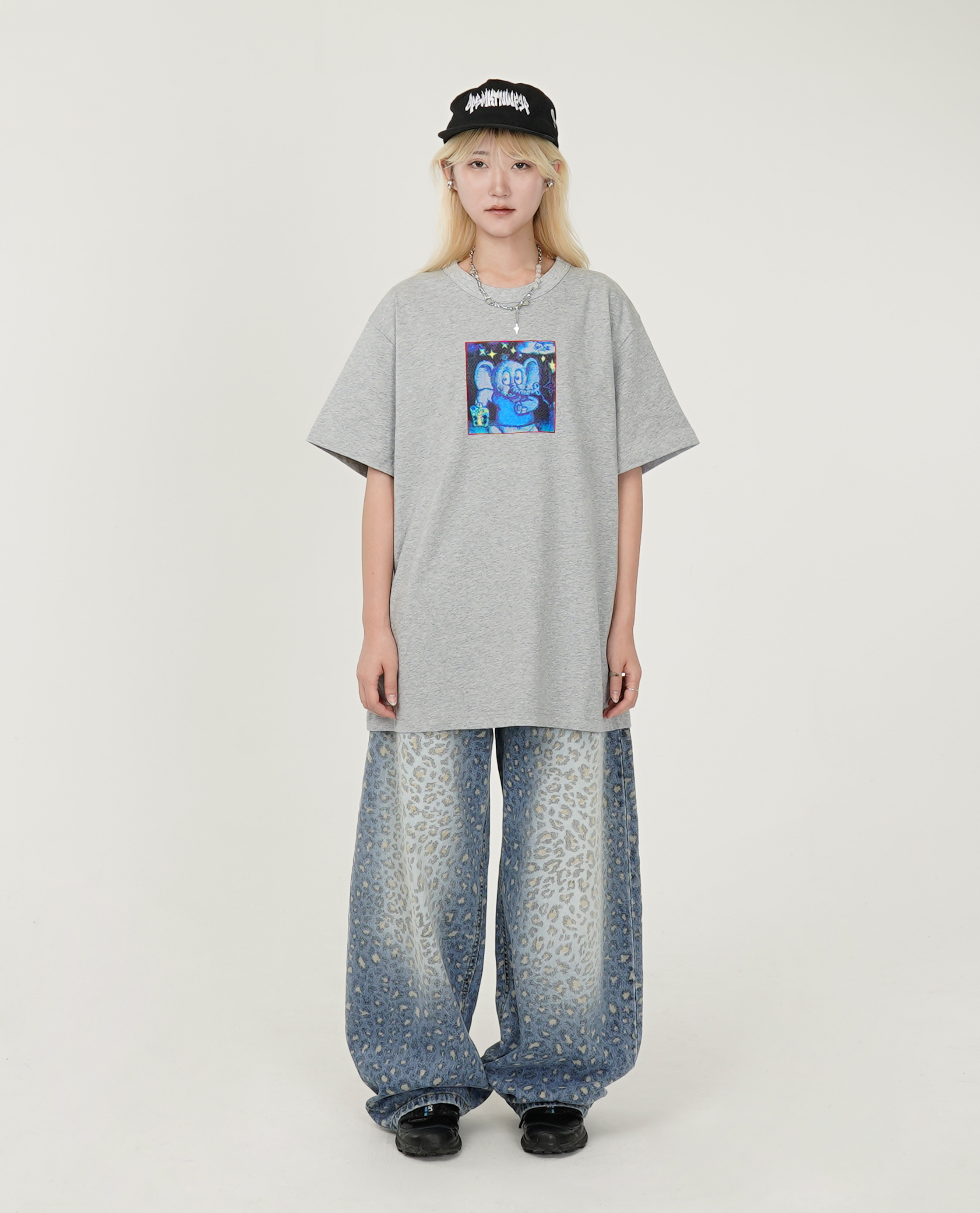 豹紋水洗藍牛仔