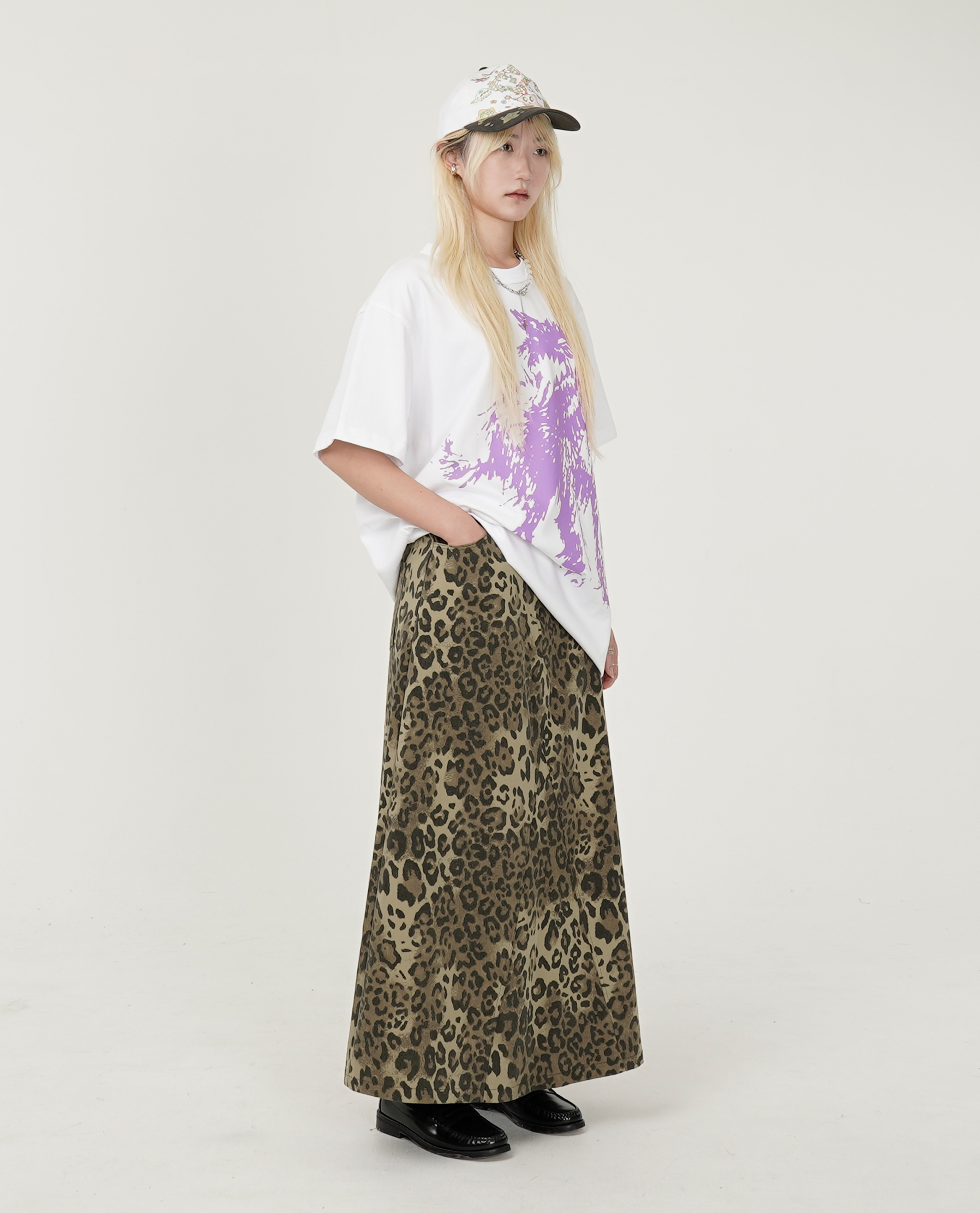 豹紋後鬆緊長裙