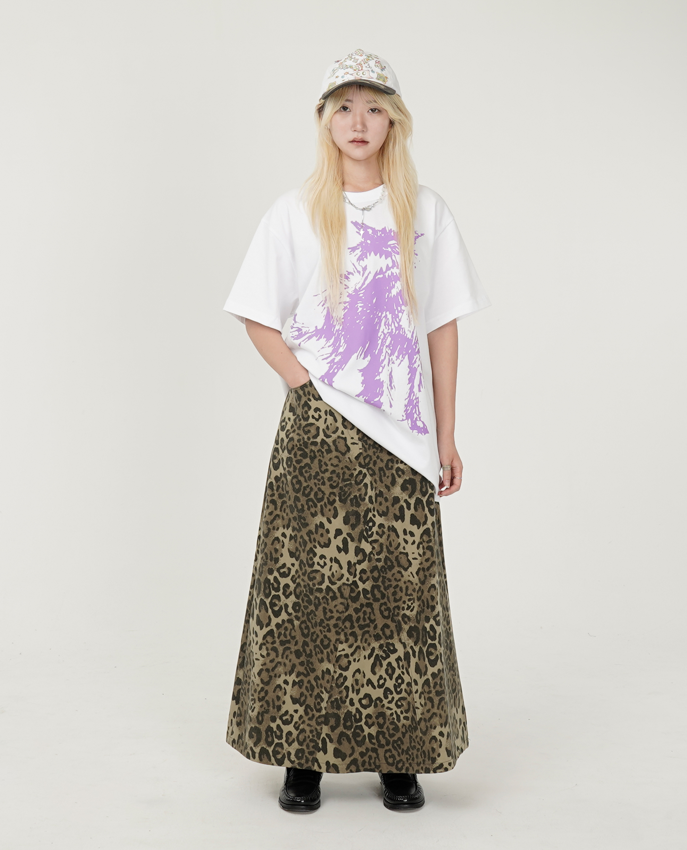 豹紋後鬆緊長裙