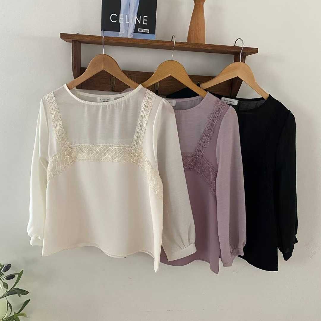 BR5131 假兩件織紋透薄長袖上衣